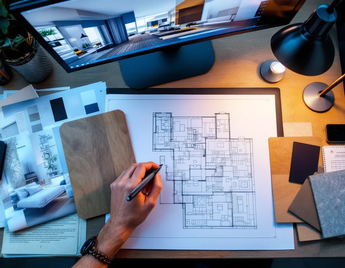 Close-up of a rendering workstation with layered plan drawings, color swatches, and a monitor showing a lit interior scene