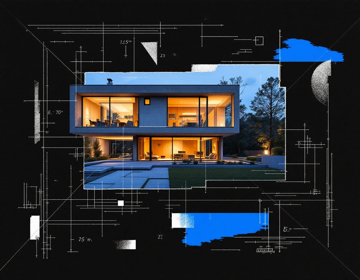 Photoreal rendering of a modern house at dusk overlaid with hand-drawn construction marks