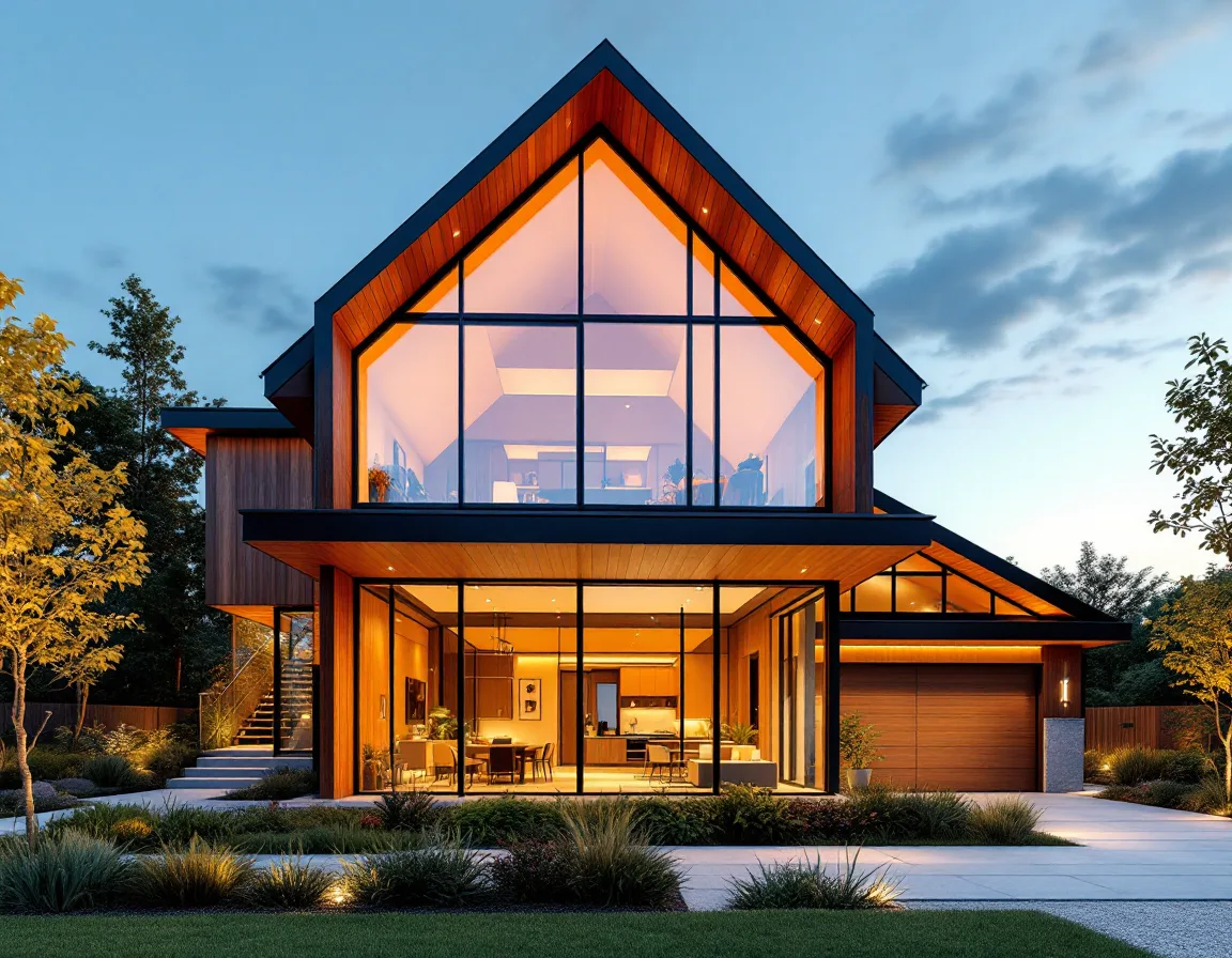 Photoreal exterior rendering of a contemporary house at golden hour